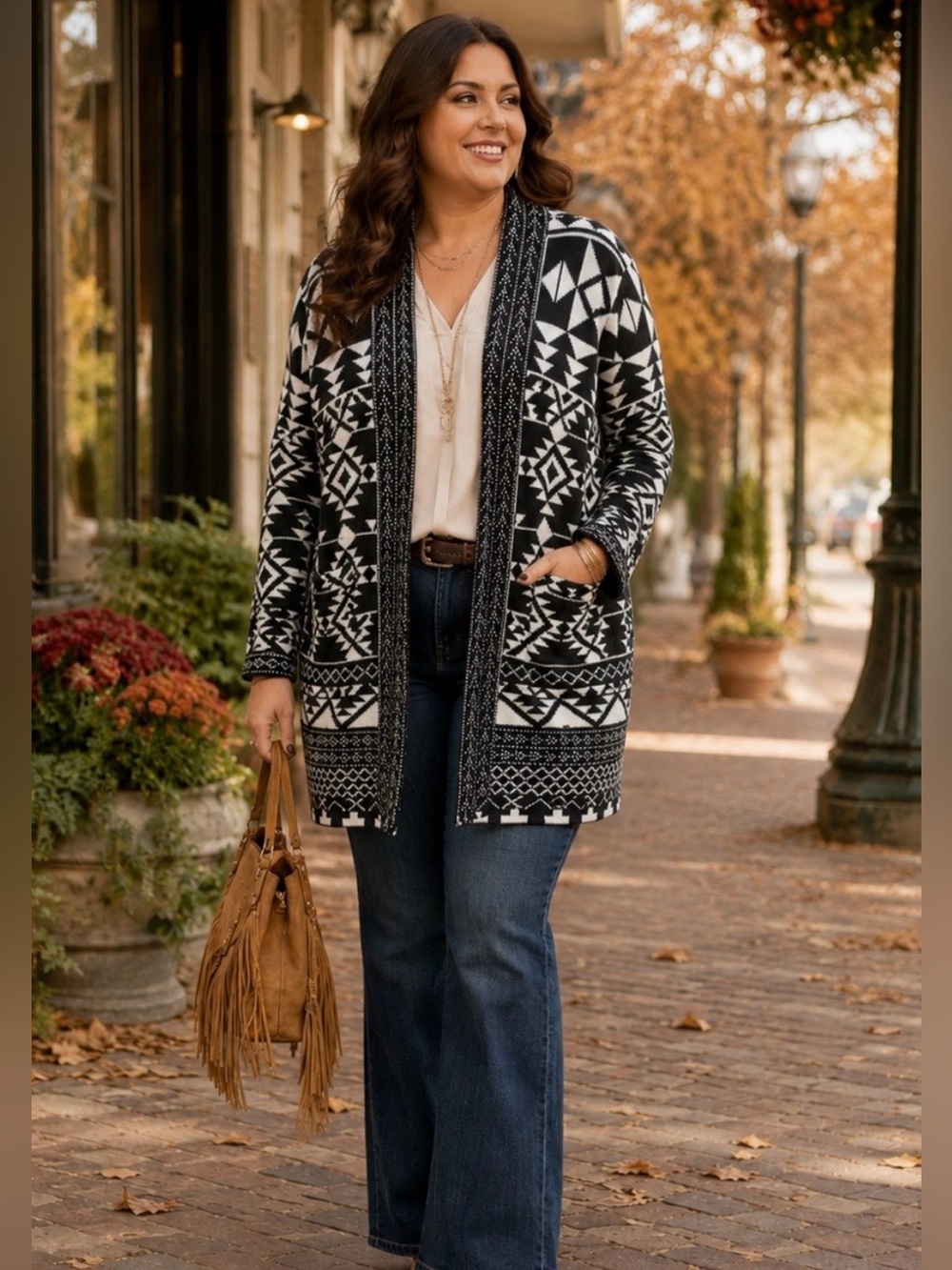 FRYE Jacquard Geometric Open-Front Cardigan Sweater Black/White Size L